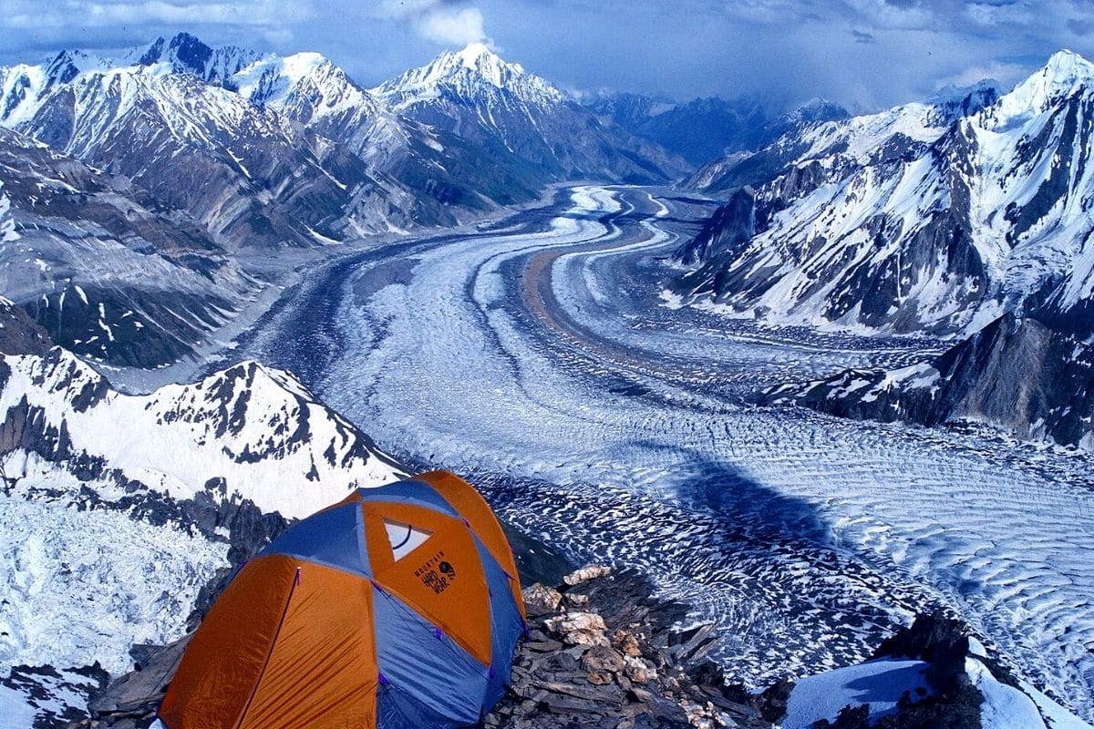 Trekker overlooking Batura Glacier moraine